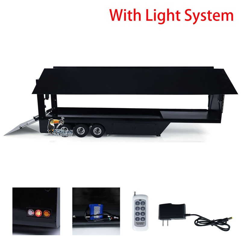 1:14 Metal RC Mobile Stage Vehicles Remote Control Roadshow Trailer Truck for Shows Lights Painted Electric Model Black
