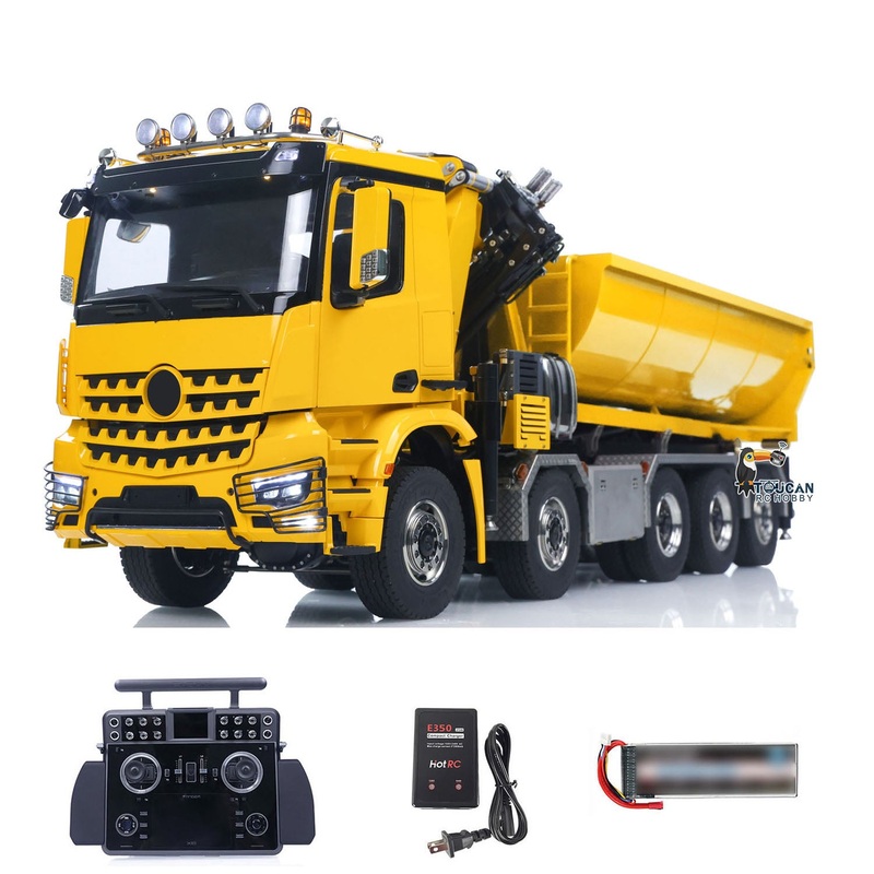 1/14 10×10 Radio Controlled Hydraulic Crane Dump BZ Metal Lorry Car Rear Axle Steering 2mm Piping System Replaceable Bucket Yellow