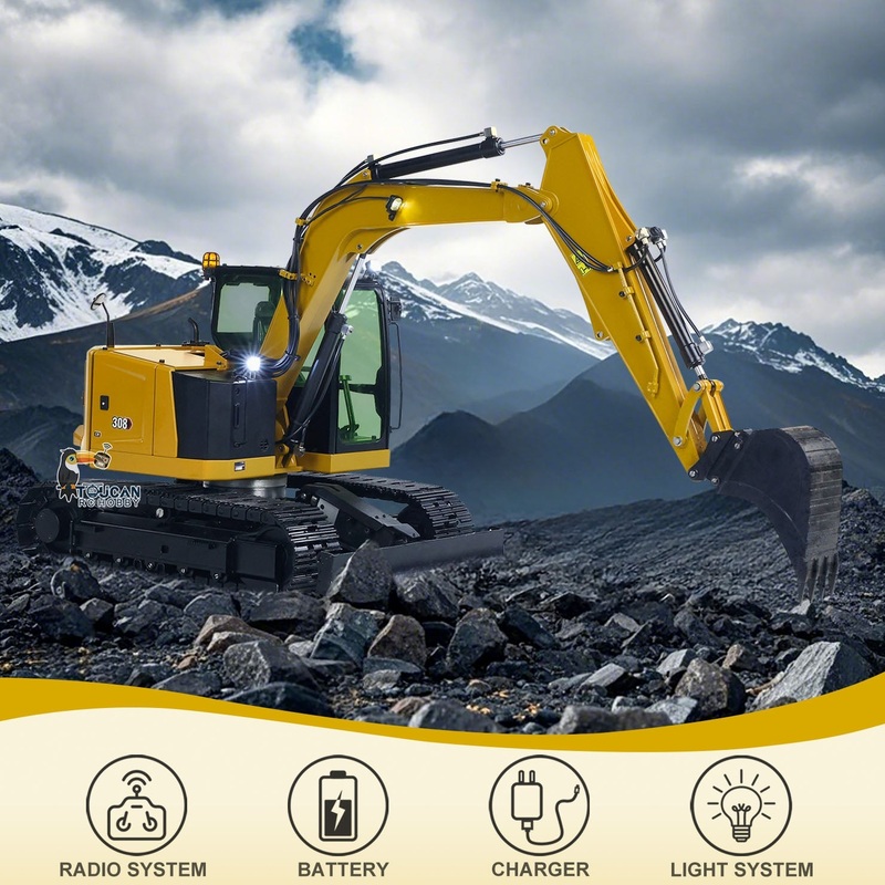 US STOCK Metal 1/14 RC Hydraulic Excavator C308 Radio Controlled Digger Construction Vehicle RTR Model Flysky ST8 Radio Battery
